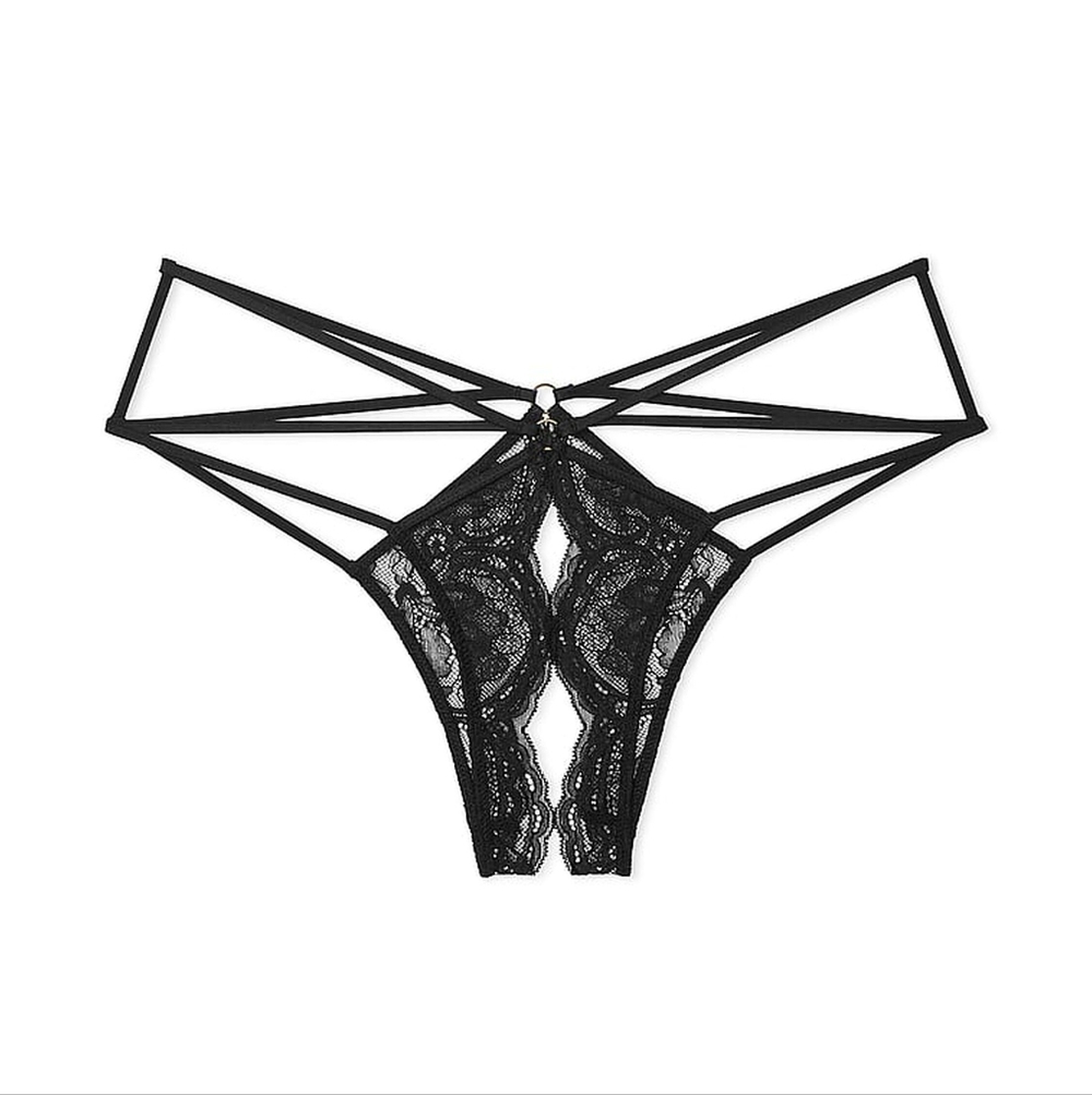 NWOT Victoria's Secret Med Black Very Sexy Lace Strappy Crotchless Cheeky Panty
